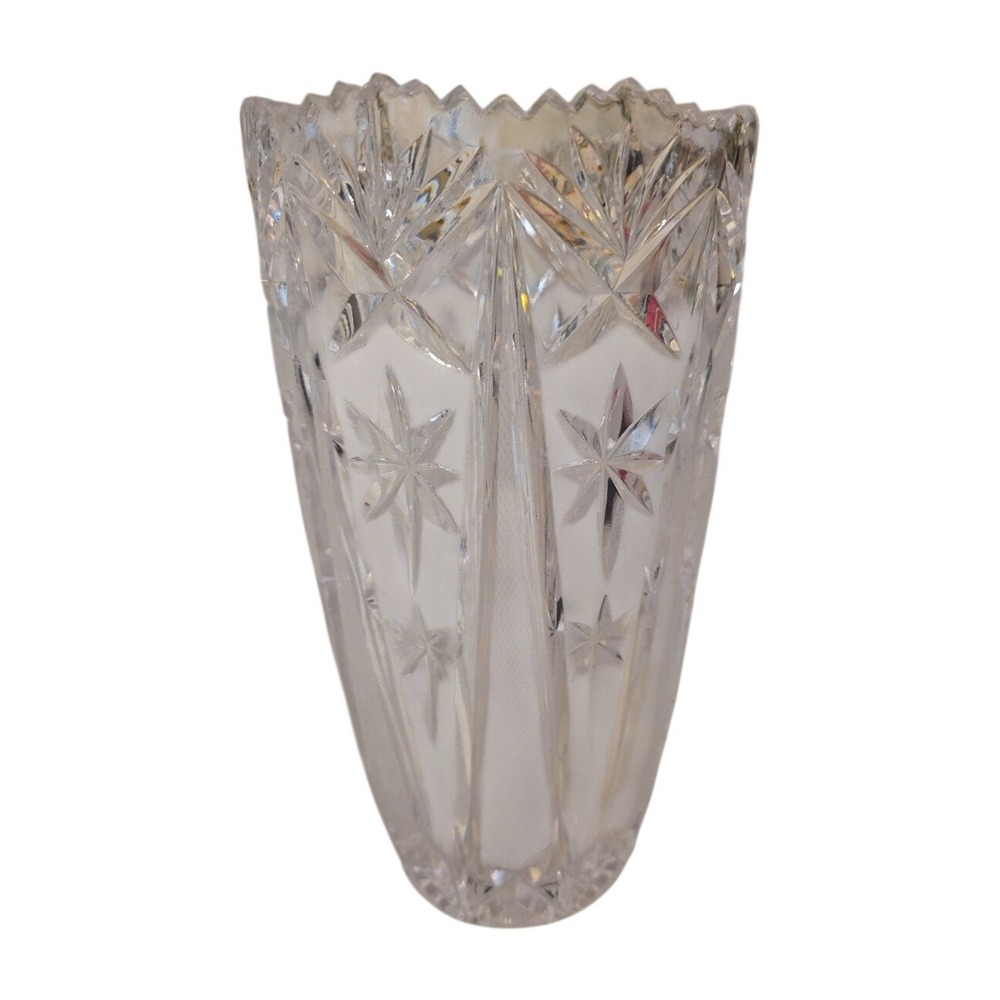 Vintage Large Heavy 10.5" Tall Deep Hand Cut Lead Crystal Wheat Theme Glass Vase